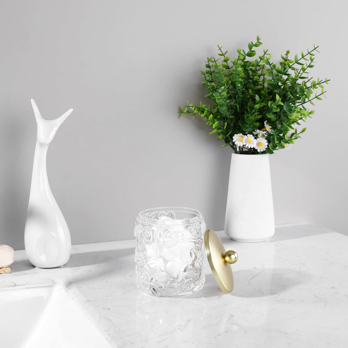 Home Glass Cotton Jar Holder Matte Gold Lid, Elegant Bathroom Storage Canister for Qtips, Cotton Balls, Floss, Makeup Organizer, Vanity Bathroom Organization