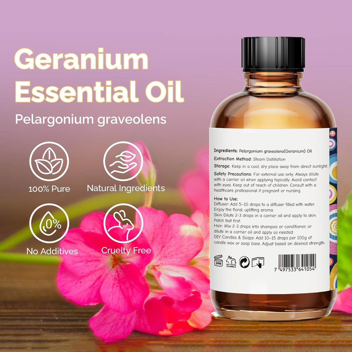Geranium Essential Oil 4 Oz, 100% Pure Geranium Oil for Diffuser, Skin, Hair, Face, Soap & Candle Making, Aromatherapy & Massage