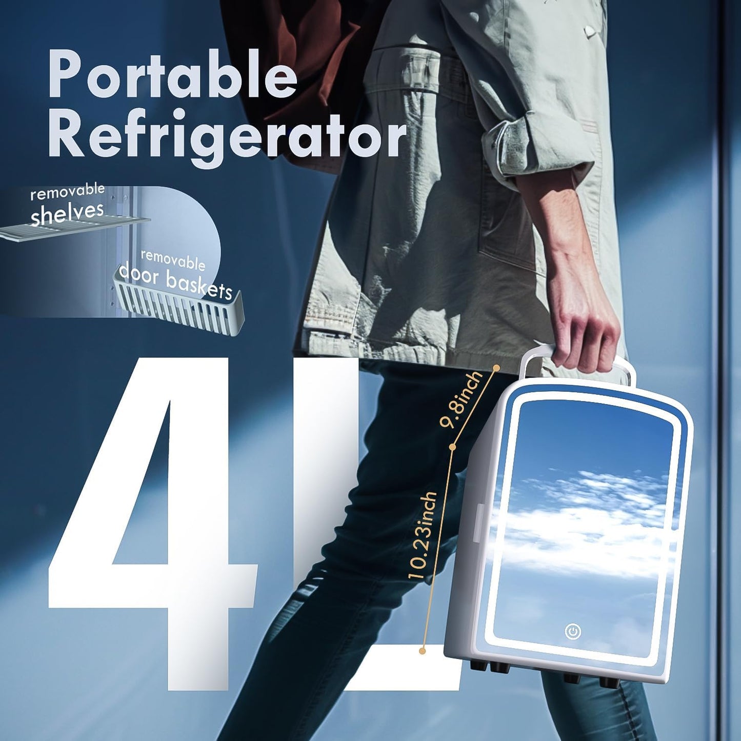 Mini Fridge for Skin Care, 4 Liter Portable Small Fridge with Dimmable LED Mirror, Cooling and Warming Function Personal Beauty Refrigerator for Bedroom, Office, Car, Makeup (White)