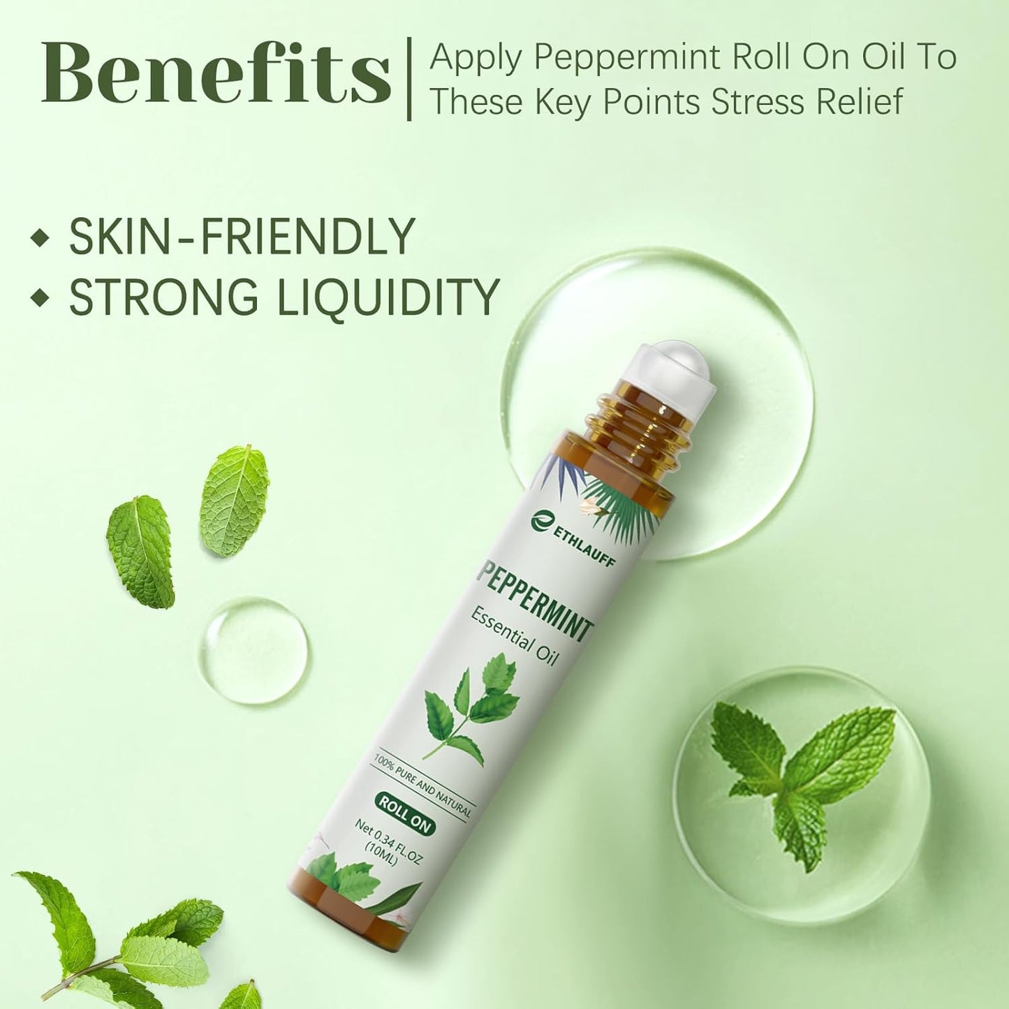 Peppermint Essential Oil Roll On, Natural & Prediluted Oil Blend Roller with Fresh Minty Aroma - Aromatherapy & Headache Relief