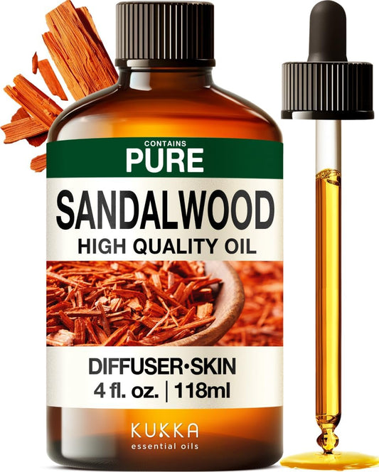 Kukka Sandalwood Essential Oil for Diffuser & Skin - 4 Fl Oz - Sandalwood Oil, Woody Scent, for Massage, Perfume, Hair, Aromatherapy, Candle, DIY Soap Making Scents