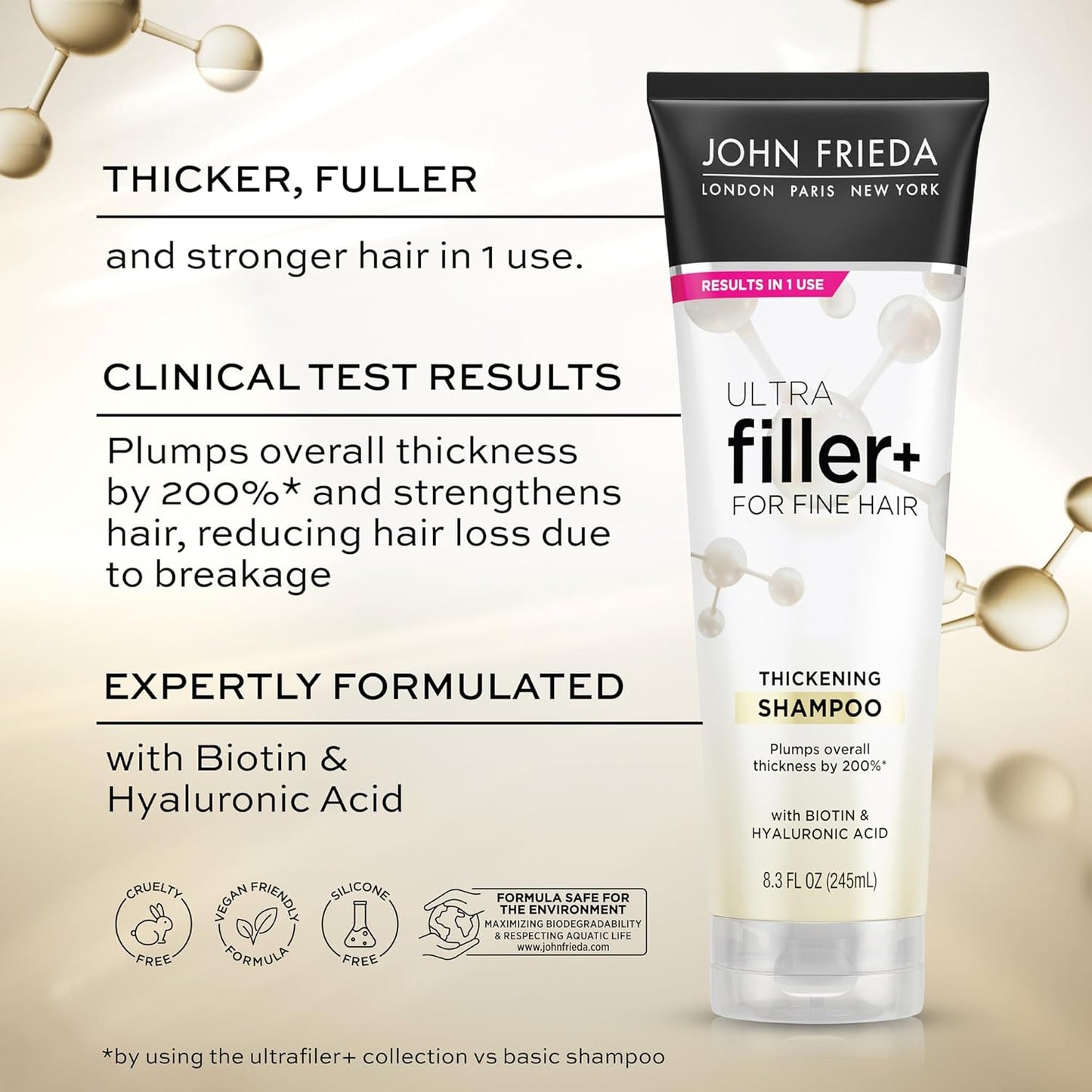 John Frieda ULTRAfiller+ Thickening Shampoo, Strengthening Shampoo for Damaged or Thin Hair, Infused with Biotin and Hyaluronic Acid to Strengthen Hair for Thicker Fuller Results, 8.3 Oz