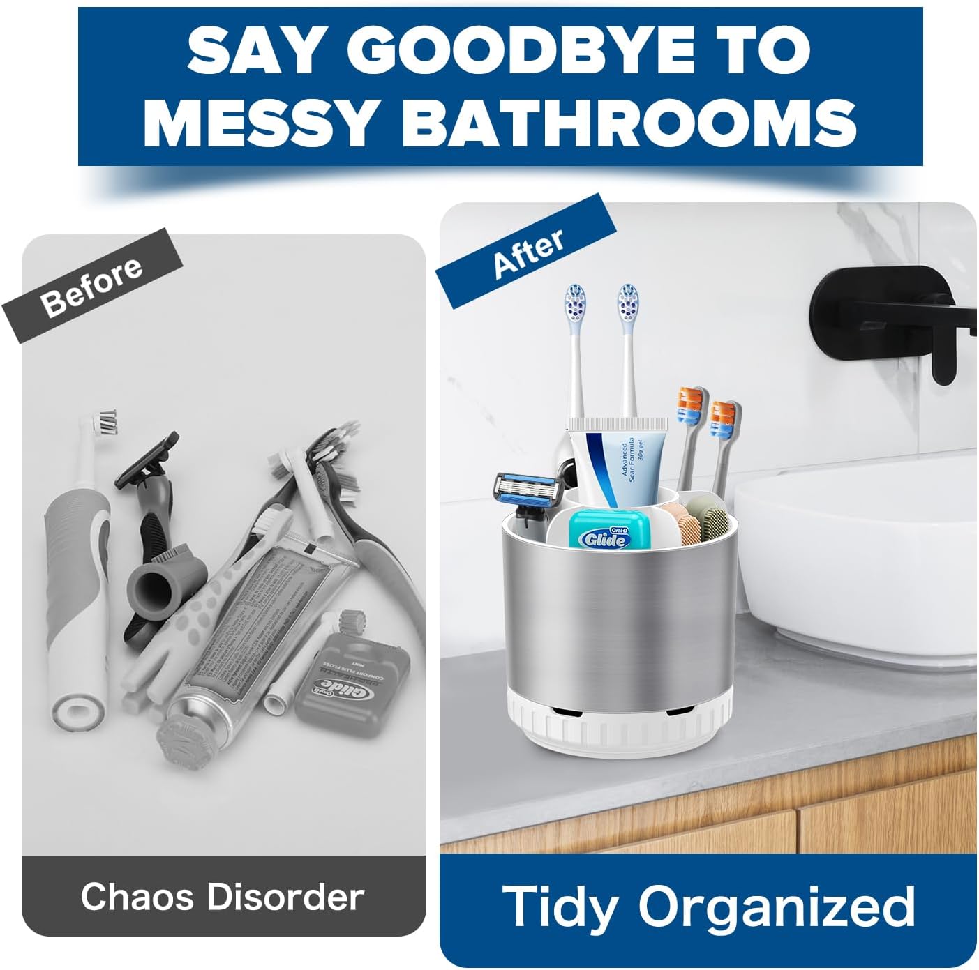 Silver Toothbrush Holders for Bathrooms Countertop Organizer - Kids Electric Toothbrush and Toothpaste Holder Rotating Tooth Brush Organization Bathroom Sink Accessories Storage Caddy