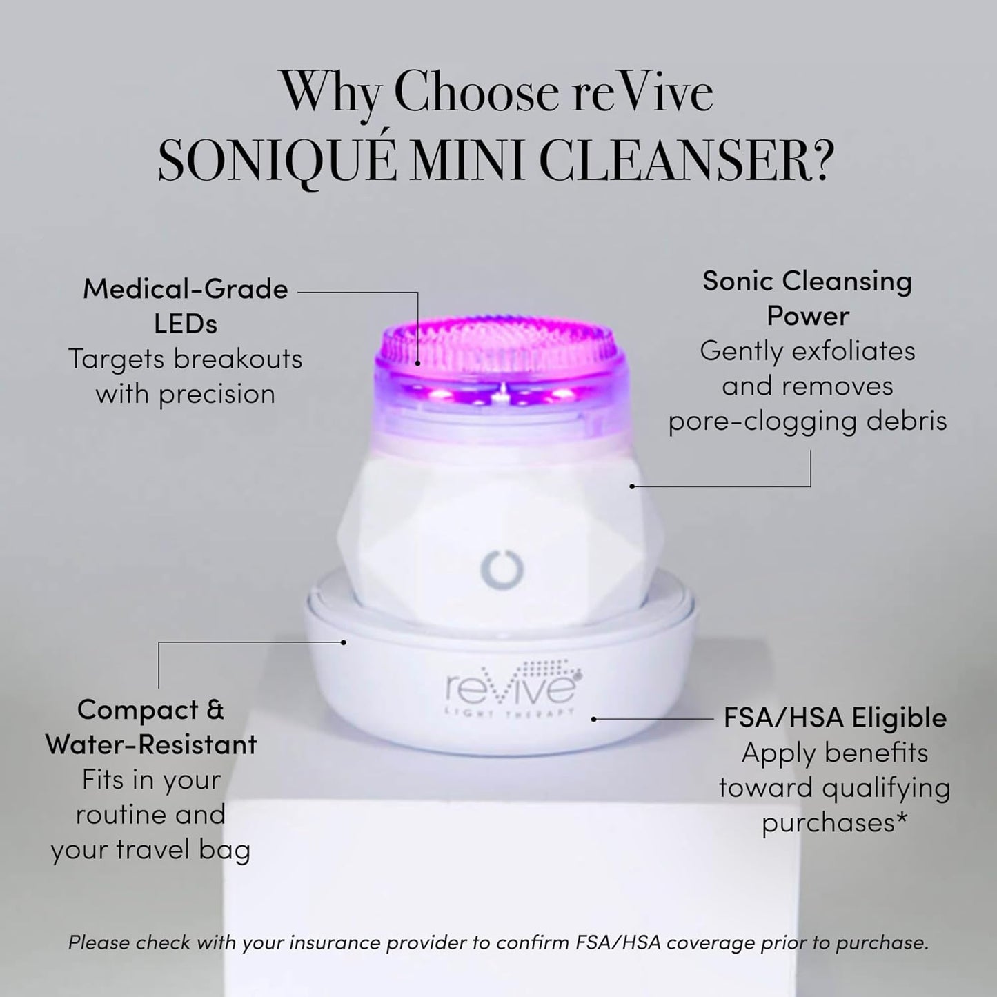 Revive Light Therapy Soniqué Mini Acne Cleanser, Battery-Operated Sonic Face Cleanser Brush with Blue & Red Light Therapy, Medical-Grade Acne Device for Face & Body, Water-Resistant