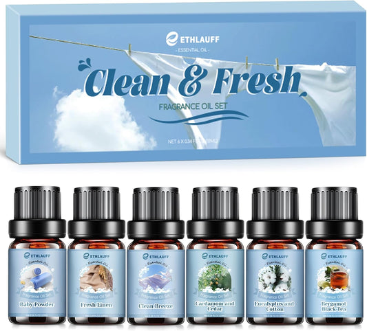 Clean Essential Oils Set, Laundry Collection Essential Oils Set, Pack of 6 Fragrance Oil for Diffuser for Home, Use with Wool Dryer Balls Scents - Fresh Linen, Clean Breeze, Eucalyptus and Cotton
