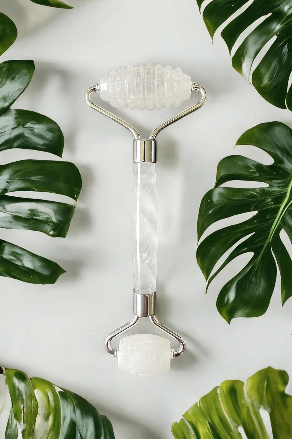 100% Real Crystal Jade Stone Roller and Gua Sha Set with Vitamin C Serum | Great for Eye Puffiness Treatment, Skin Tightening, Anti Aging, Rejuvenate Face & Neck | Great Gift for Women & Men (Crystal)