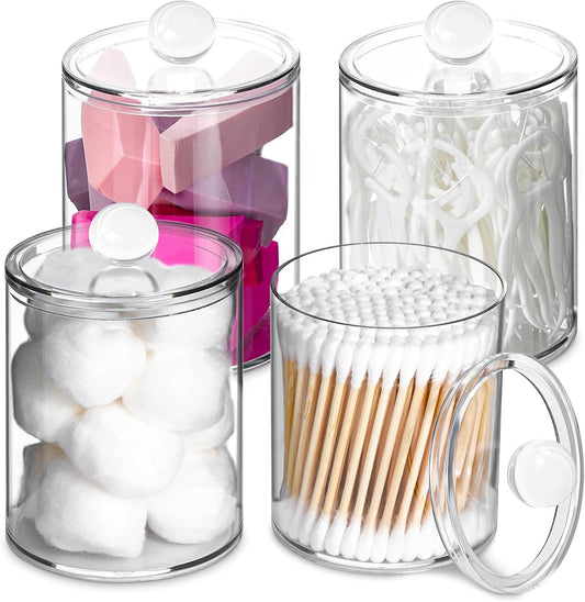 4 Pack Qtip Holder,Canister Apothecary Jar Set, Bathroom Jars with Lids Set for Cotton Swabs, Balls, Pads, Floss Picks,10oz-12oz Plastic Canisters Restroom Bedroom Vanity Organizer