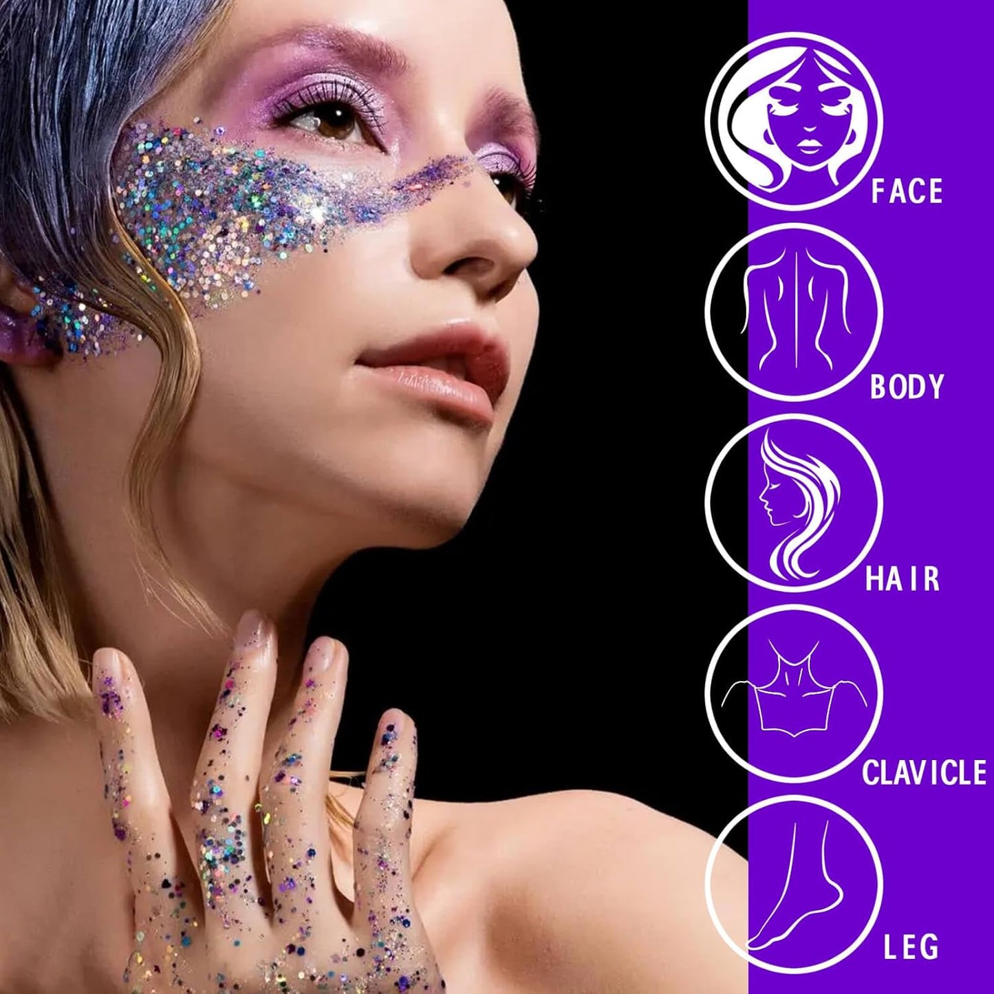MEICOLY Purple Face Body Glitter,Mardi Gras Outfit for Women,Sparkle Mardi Gras Accessories,Chunky Glitter Face Paint,Face Eye Lip Hair Music Festival Rave Glitter Makeup,Body Glitter Gel for Women