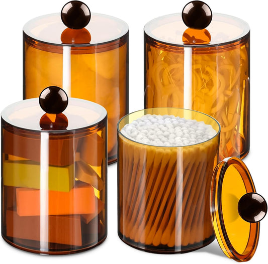 4 Pack Qtip Holder,Canister Apothecary Jar Set, Bathroom Jars with Lids Set for Cotton Swabs, Balls, Pads, Floss Picks,10oz-12oz Plastic Canisters Restroom Bedroom Vanity Organizer(Brown)