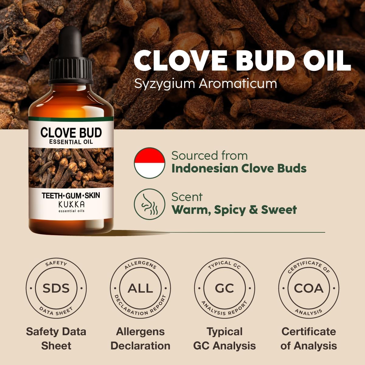 Kukka Clove Oil for Teeth and Gums - 4 Fl Oz - Clove Essential Oil - Sourced from Flower Buds - Ideal for Oral Care, Hair, Diffuser, DIY Soap Making Scents