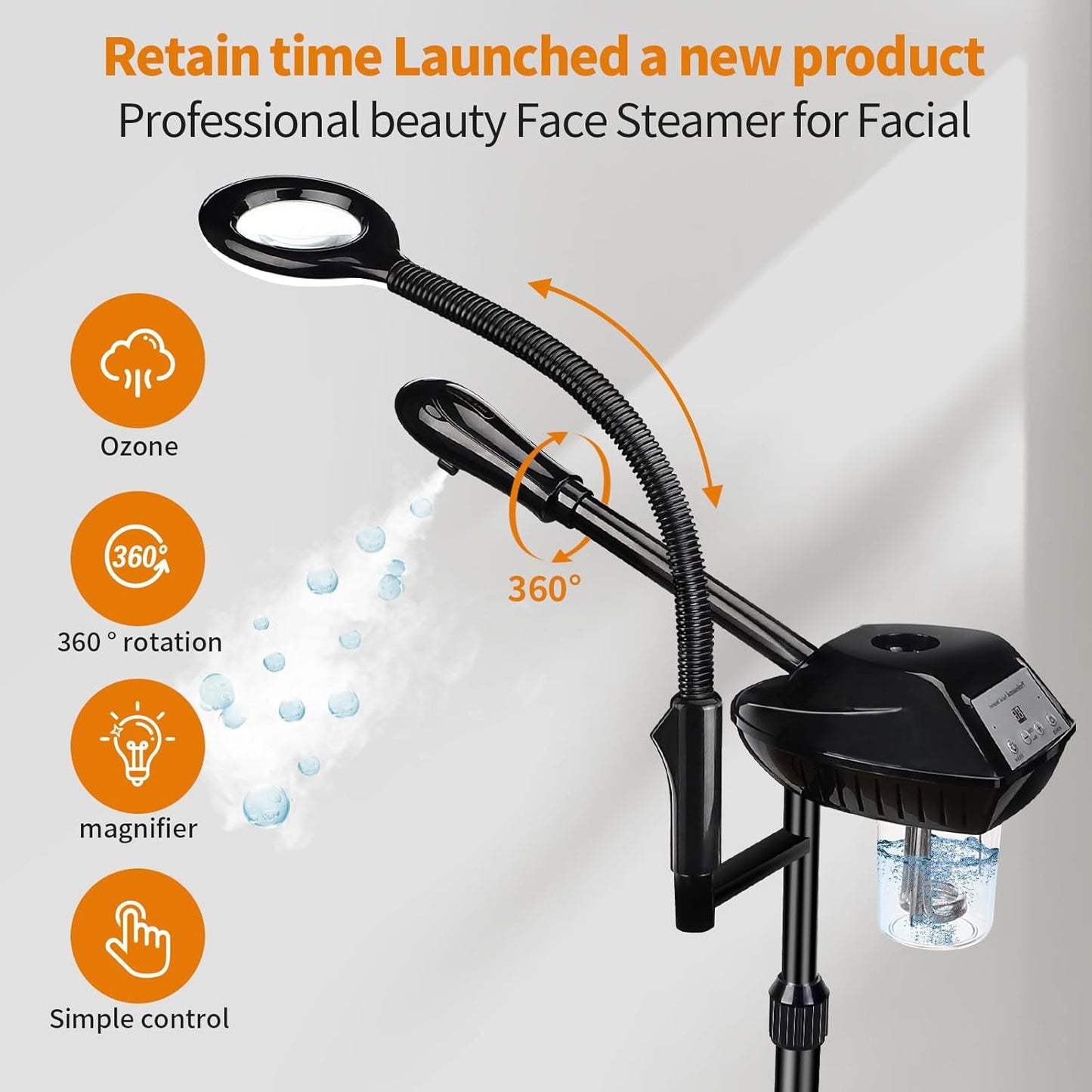 Facial Steamer for Ozone Humidifier Atomizer Attach 5× Magnifier and Light, Professional Face Steamer Clean Skin Firming Pores and Moisturizing Suitable for a Beauty, Spa, at Home