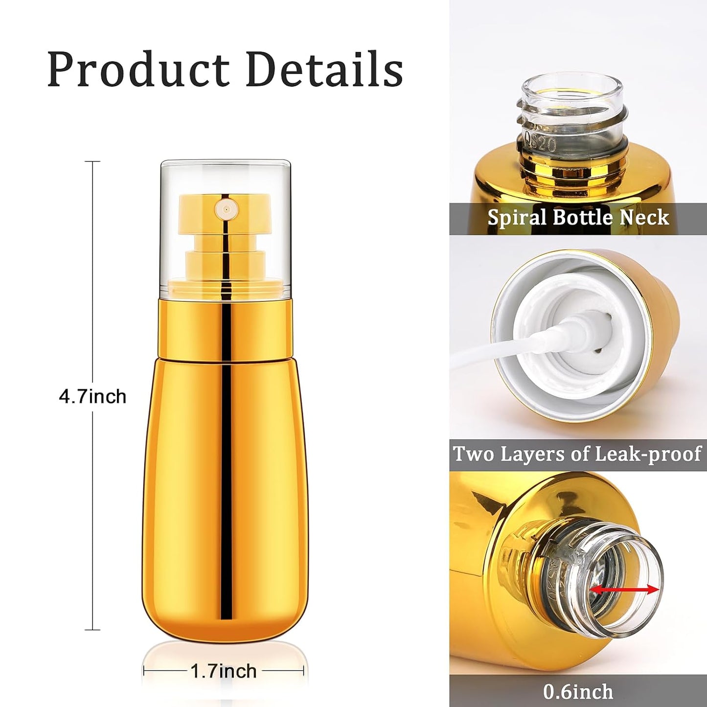 Cosywell Travel Spray Bottle 3 Pack 2oz 60ml Leak Proof TSA Approved Fine Mist Spray Bottle Empty Plastic Refillable Containers for Hair Perfume Toners Rose Water Cosmetics(Gold+Pink+Clear)