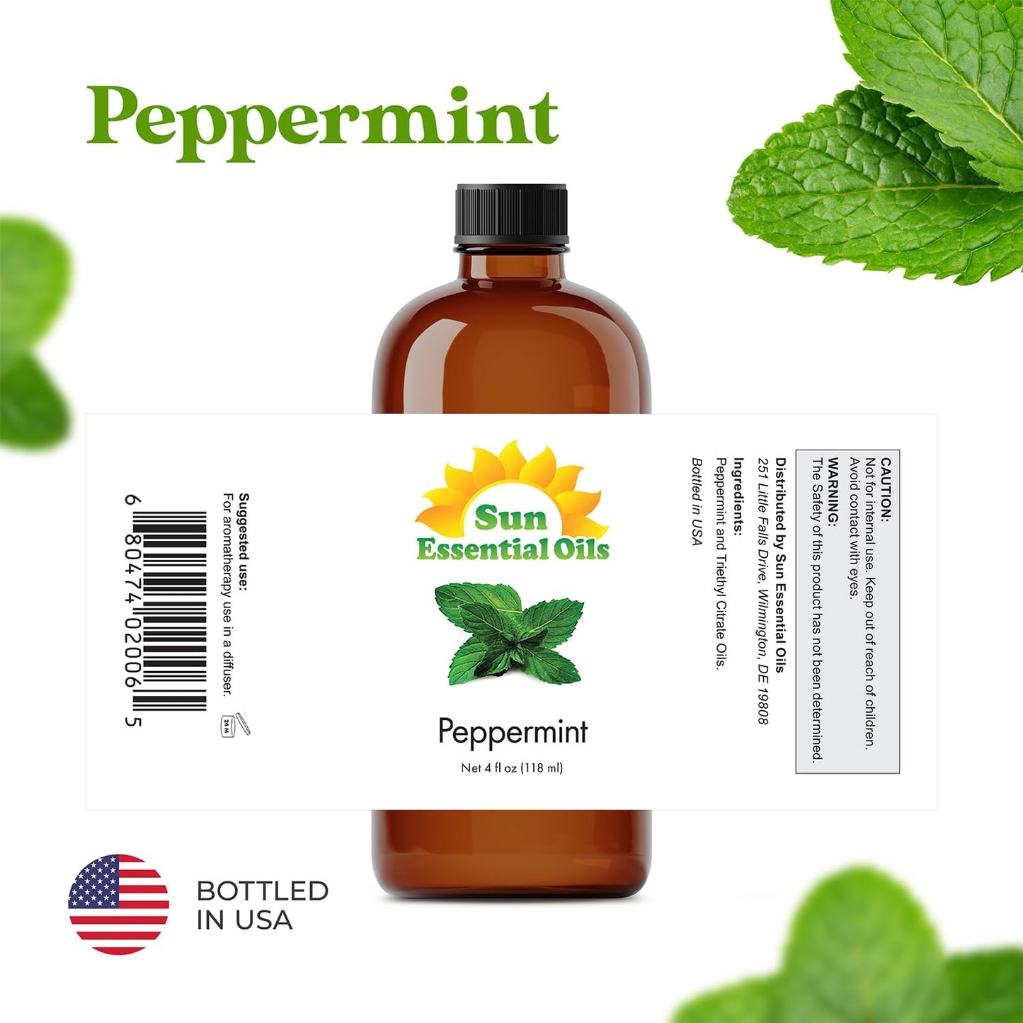 Sun Essential Oils - Peppermint Essential Oil (4 oz) with Dropper for Diffuser, Humidifier, Skin & Aromatherapy Body Massage, Candle & Soap Making for Home