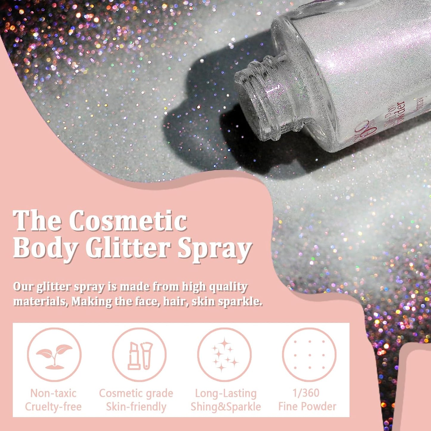Boko Body Glitter Spray, Iridescent Glitter Spray for Sparkling Body Face Hair Nail Clothes, Hair Glitter Spray Body Shimmer Powder for Highlighter Makeup Festival Concert Party Rave Accessories