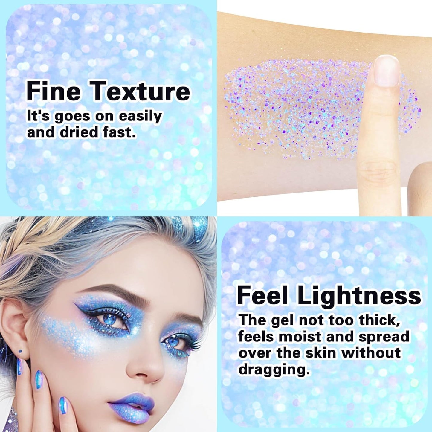 MEICOLY Sparkling Blue Body Glitter,Halloween Face Glitter,Color Changing Glitter Gel for Body,Face,Hair,Lip,Eye,Long Lasting Sequins Glitter Face Paint,Festival Party Glitter Makeup,50ml