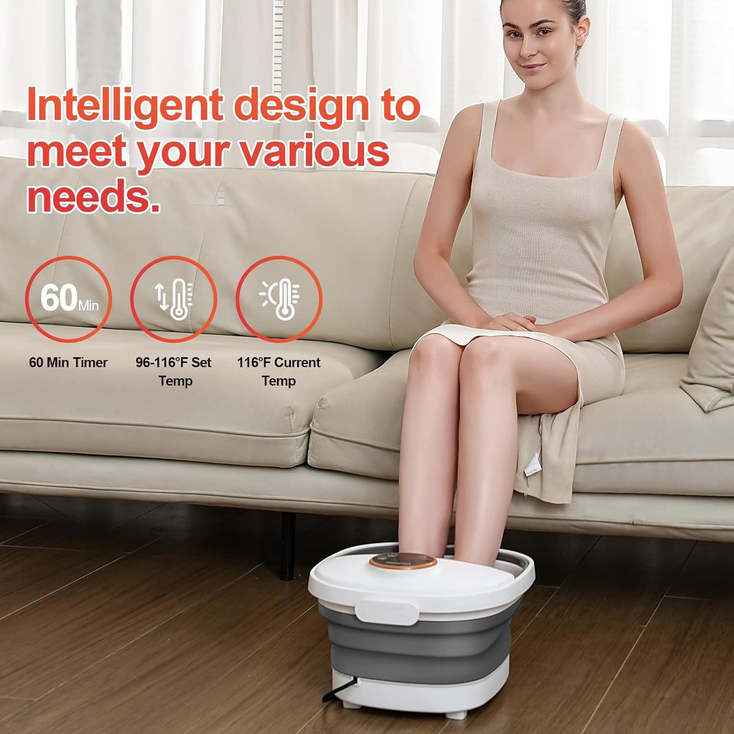 Collapsible Foot Spa Bath with Heat,Foot Massager with Two Side Supports,Leakage Protector,Temperature Control,Bubbles,Red Light,Timer, Feet Spa Tub,Feet Soaker,Gifts (White)