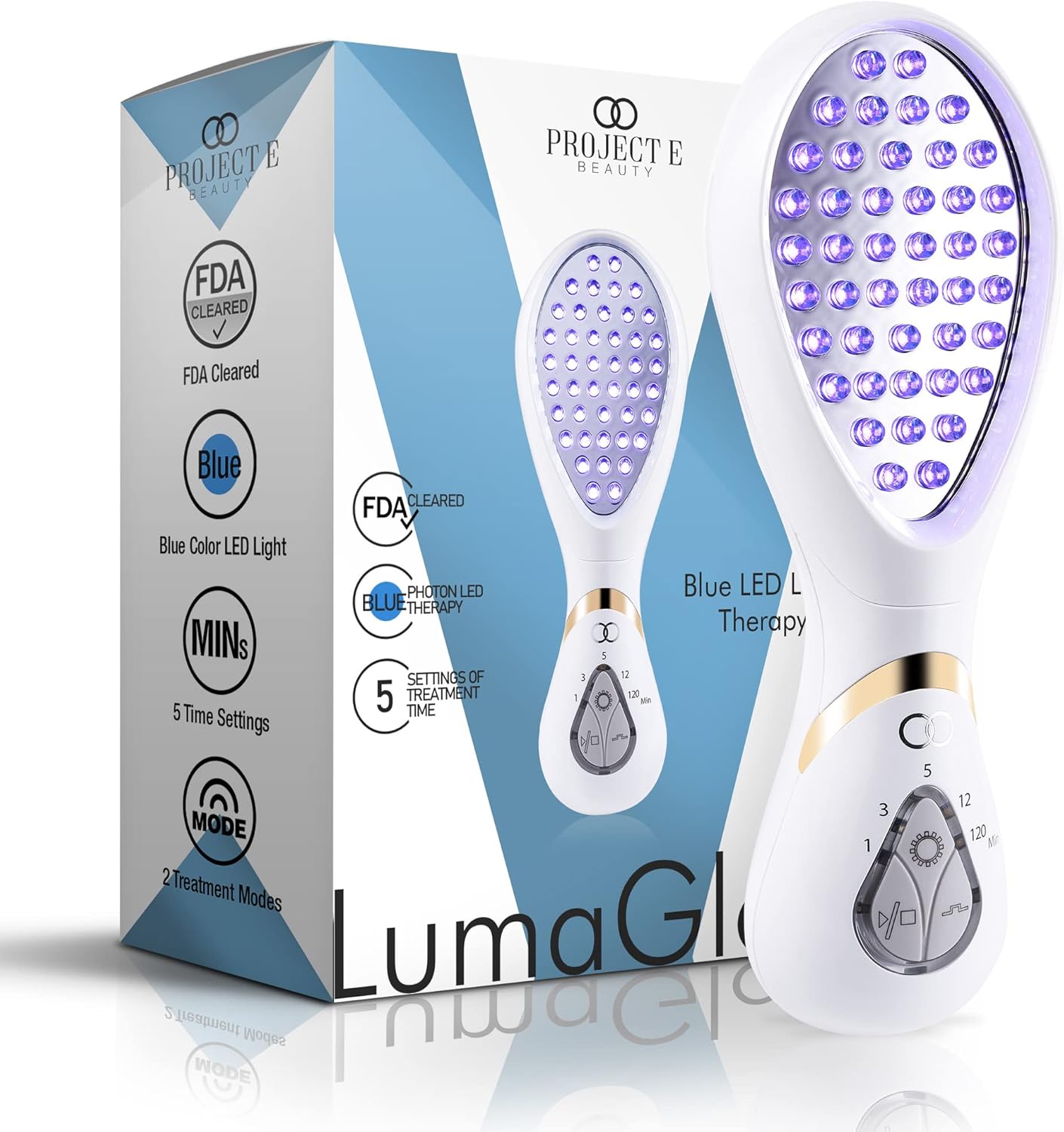 LumaGlow Blue LED Light Therapy by Project E Beauty | Anti Acne | Pimple & Blemish Solution | Skincare Routine for Oily Skin | Handheld Device for Spa & Home Use (Blue Light)