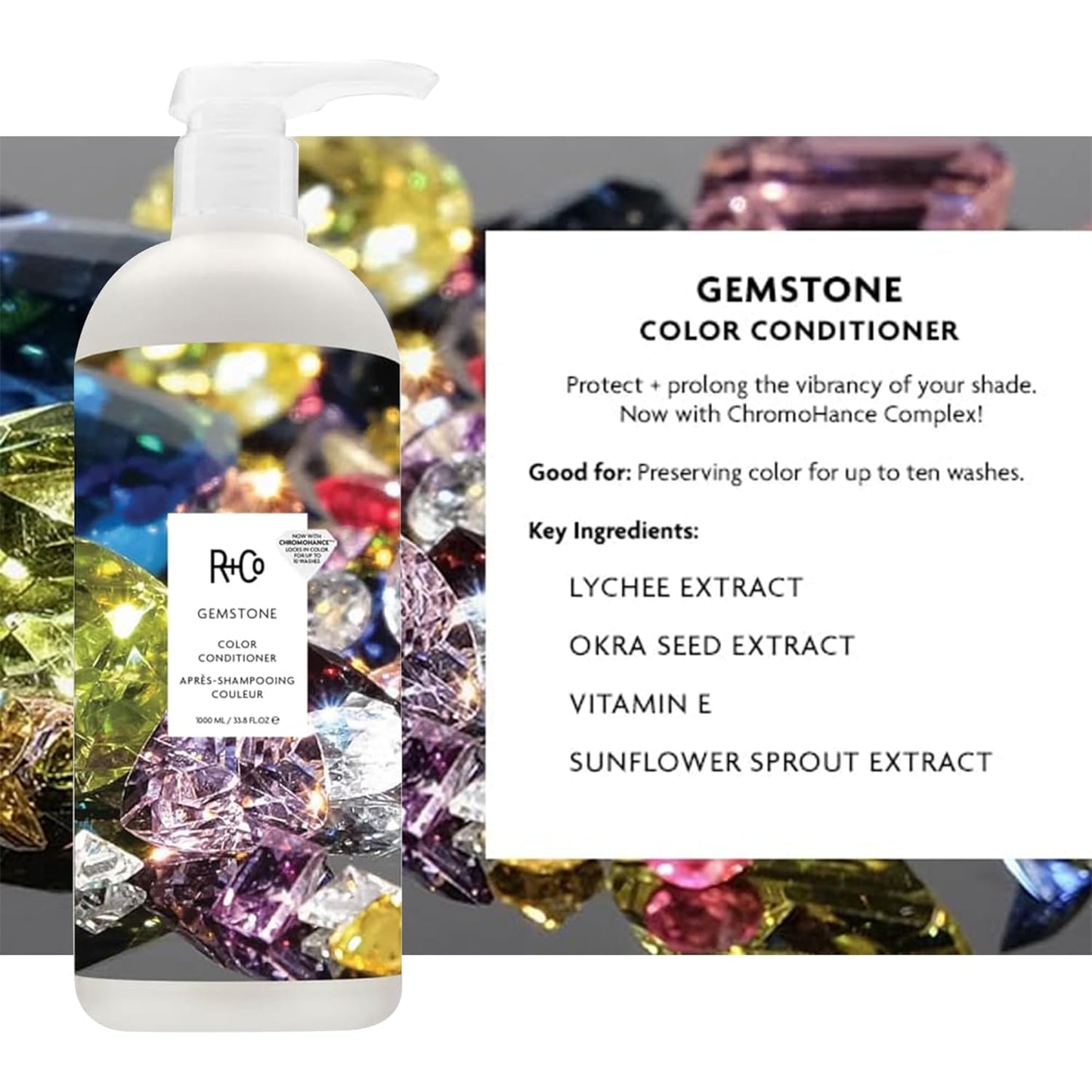 R+Co Gemstone Color Hair Shampoo and Conditioner Set for Color Treated Hair | Body + Shine + Smoothing for All Hair Types | Vegan + Cruelty-Free | 1 Liter, Pack of 2