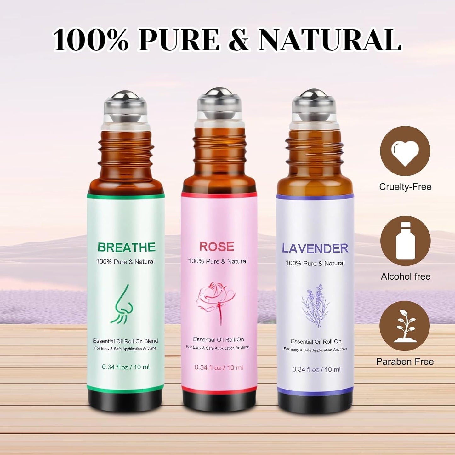 Coastacloud Essential Oils Blend Roll On Set of 3, Essential Oil Roller for Skin, Natural Aromatherapy Oils - Self Care Gifts for Women, Men, Nurse Essentials (Lavender, Breathe, Rose)