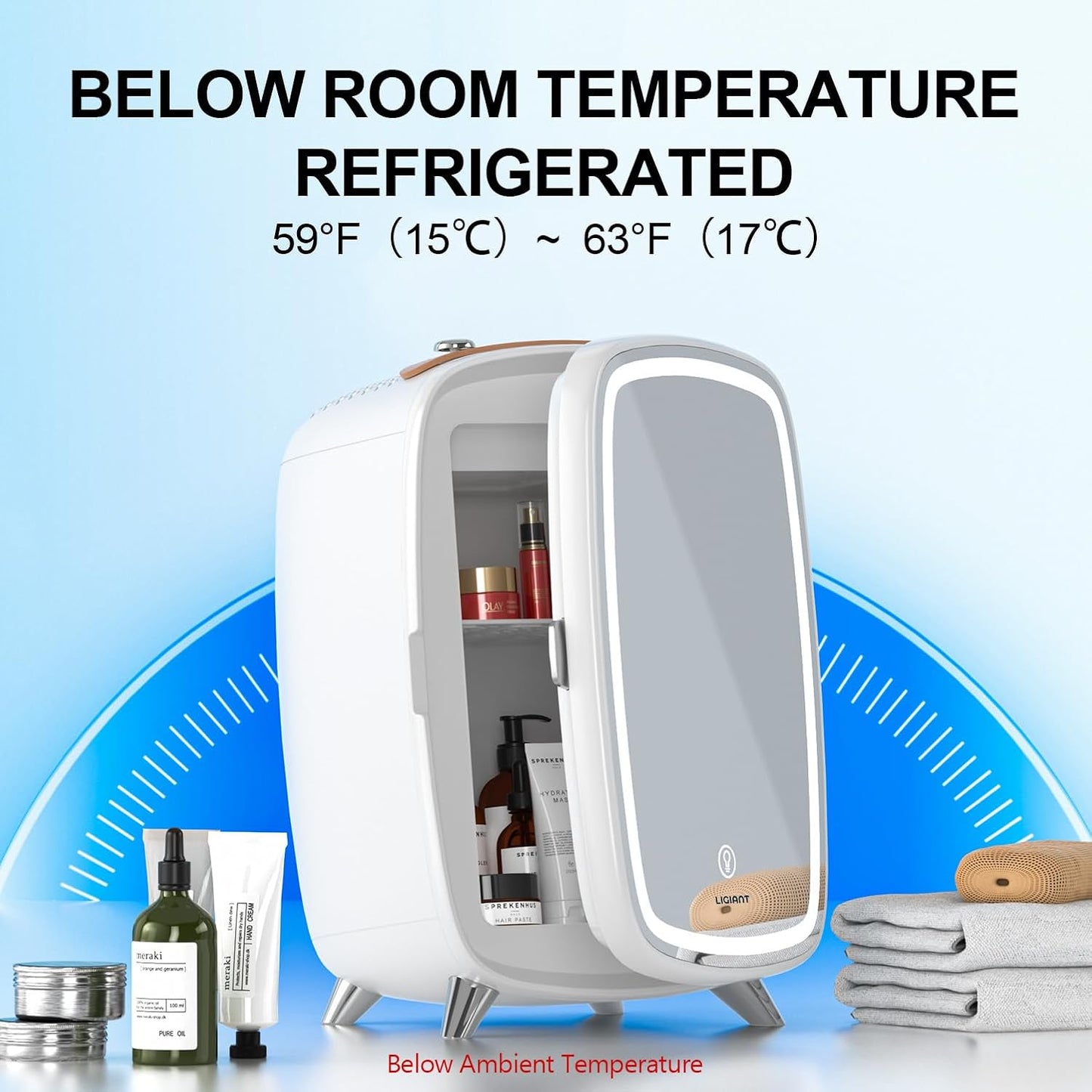 Skincare Fridge, With 3-Level Dimmable LED Light Mirror, Low Noise Beauty Fridge, 6L Large Capacity, Semiconductor Cooling, Portable Design for Multiple Uses - Bedroom, Office, and Travel
