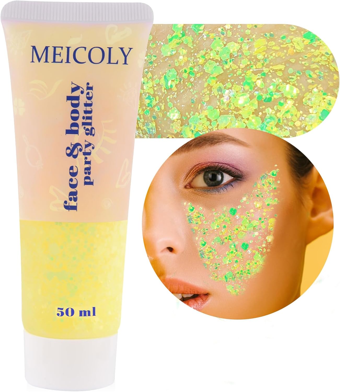 MEICOLY Chameleon Yellow Body Glitter,Chunky Face Glitter for Halloween,Color Changing Mermaid Glitter Face Paint,Holographic Glitter Sequin for Face Body Hair,Festival Party Cheer Glitter Makeup,50ml
