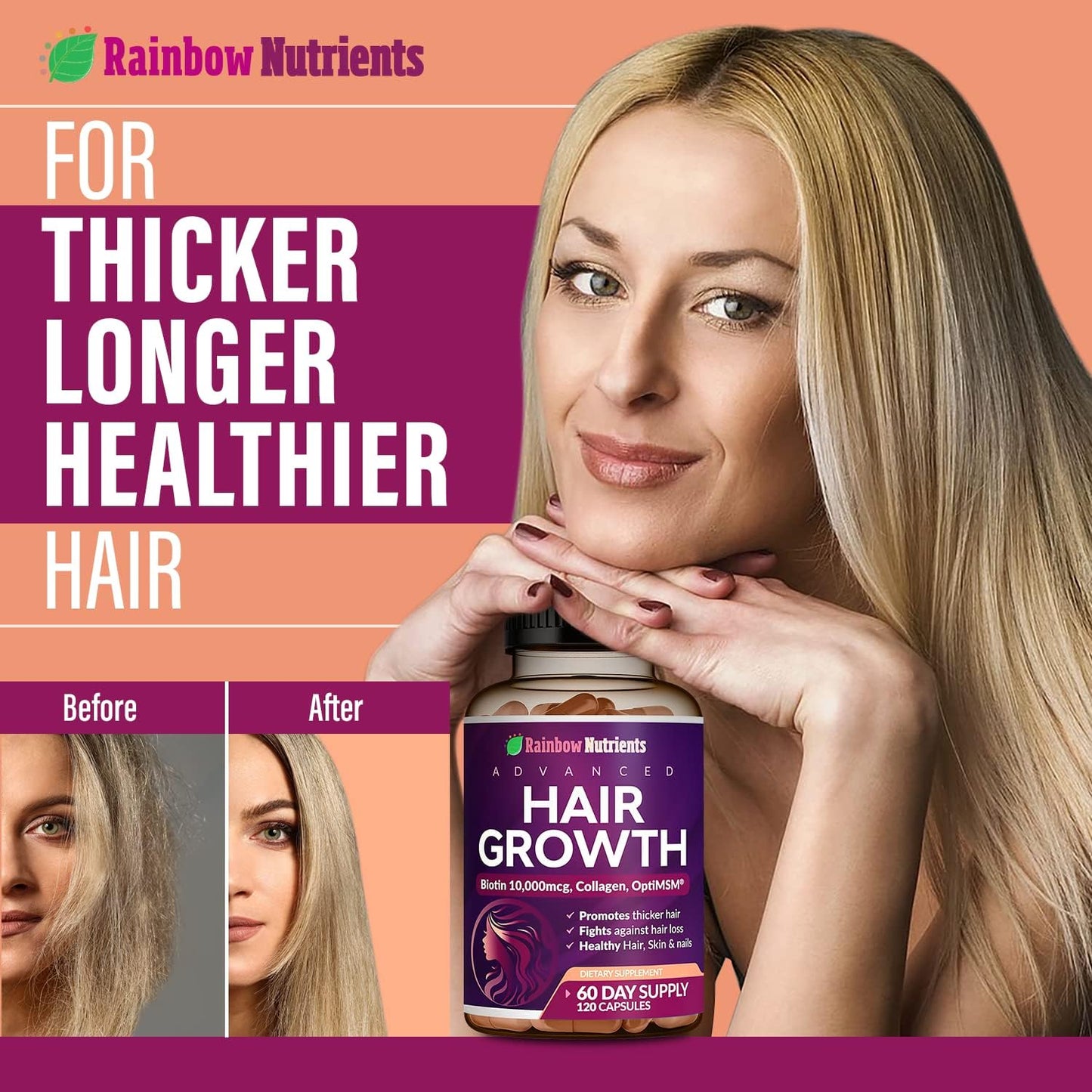 (2 Pack) Hair Growth Vitamins for Women | Biotin 10,000mcg, Collagen, Patented OptiMSM®, goMCT®, Saw Palmetto | Naturally Regrow Stronger & Healthier Hair, Skin and Nails | May Stop Hair Loss