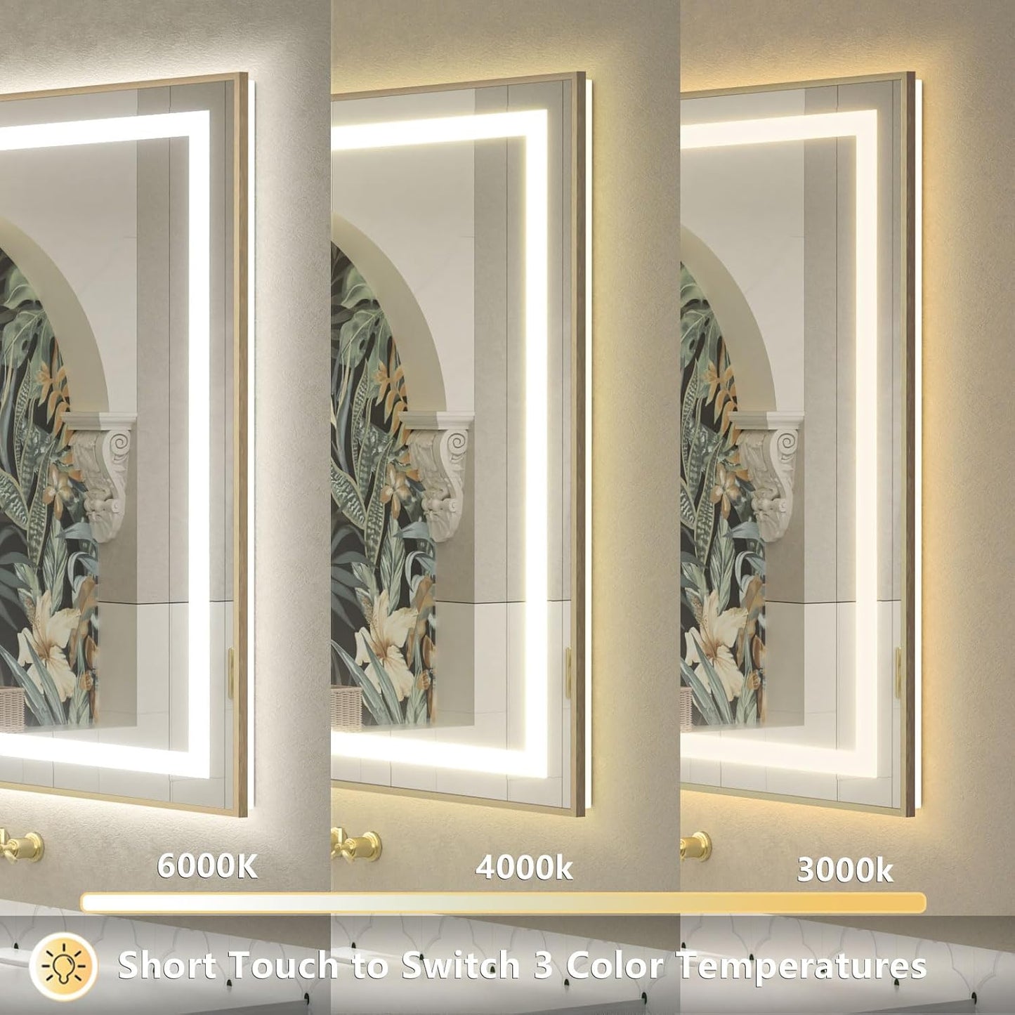 OKPAL 44x36 Gold Lighted Bathroom Mirror with Lights, Frontlit & Backlit LED Bathroom Mirror, Lighted Vanity Mirror, Anti-Fog, Dimmable 3 Colors, Shatterproof, Horizontal/Vertical