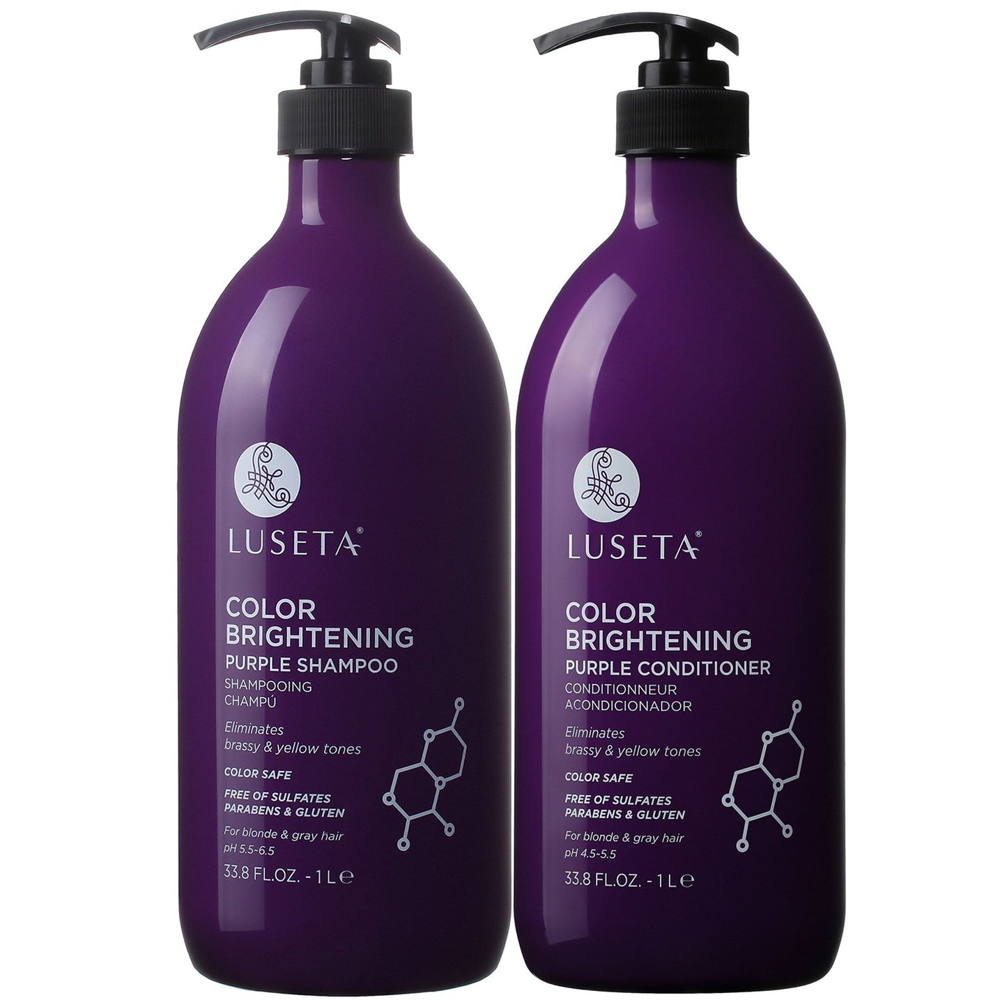 L LUSETA Color Brightening Purple Shampoo and Conditioner Set for Blonde and Gray Hair, Infused with Cocos Nucifera Oil to Help Nourish, Moisturize and Condition Hair, 2x33.8oz