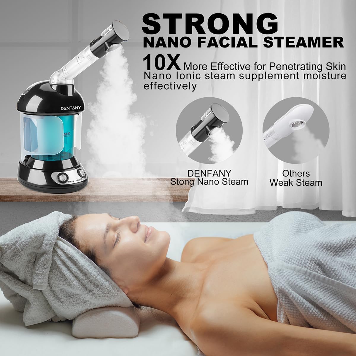 Facial Steamer - DENFANY Nano Ionic Face Steamer with Extendable 360° Rotating Arm - Portable Facial Steamer for Personal Care at Home or Salo (Black)