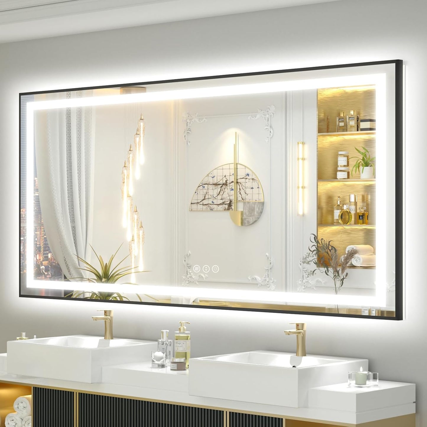 OKPAL LED Bathroom Mirror with Black Frame, 55x30 Lighted Mirrors for Bathroom Wall, Front and Backlit Bathroom Smart Mirror Dimmable, Anti-Fog, Memory, Shatterproof, ETL Listed