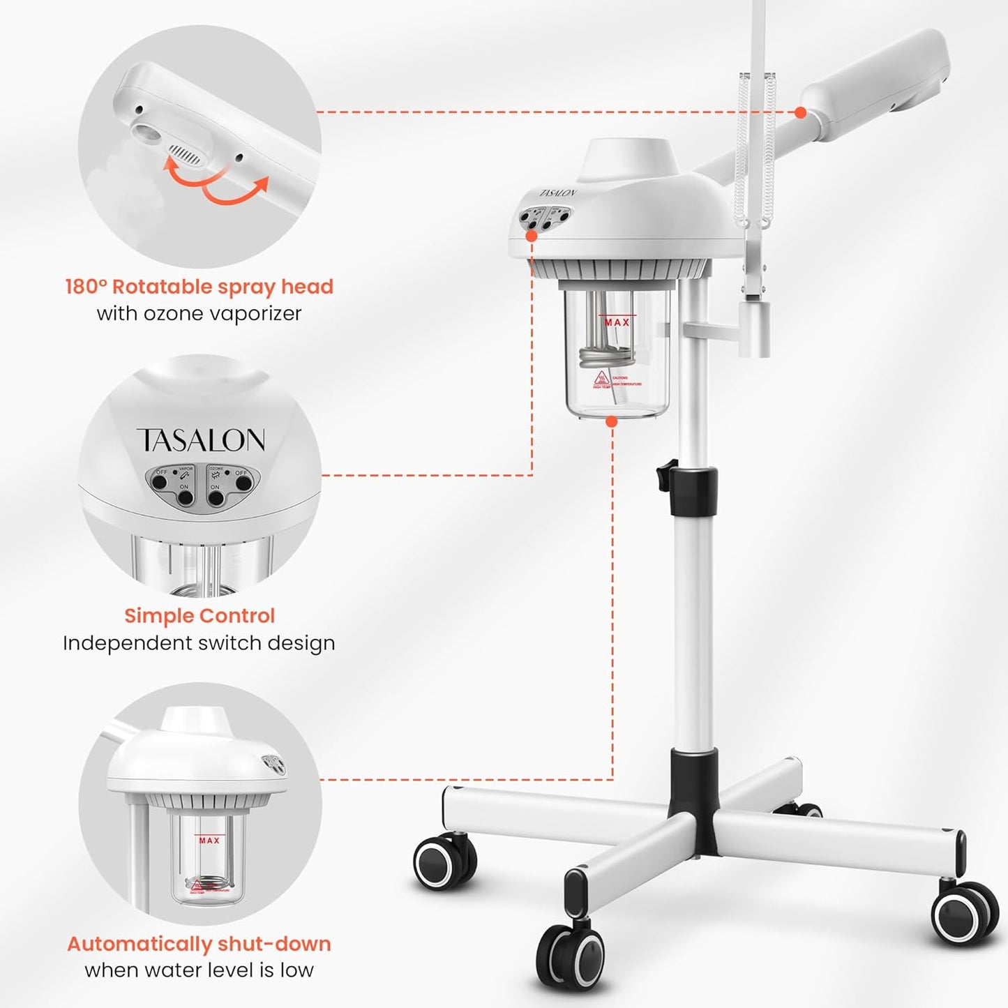TASALON 2-in-1 Professional Facial Steamer with 5X Magnifying Lamp, Esthetician Steamer on Wheels, White, Facial Steamer, Cleansing, Hydrating, Pore Treatment