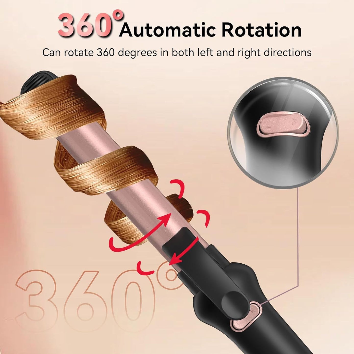 Rotating Curling Iron 1 Inch, Automatic Curling Wand, Anti-Scald Ceramic Hair Curler for Lasting Curls Waves, Auto-Shut Off Adjustable Temp 140℃- 220℃, Dual Voltage for Home Travel, Rose Gold