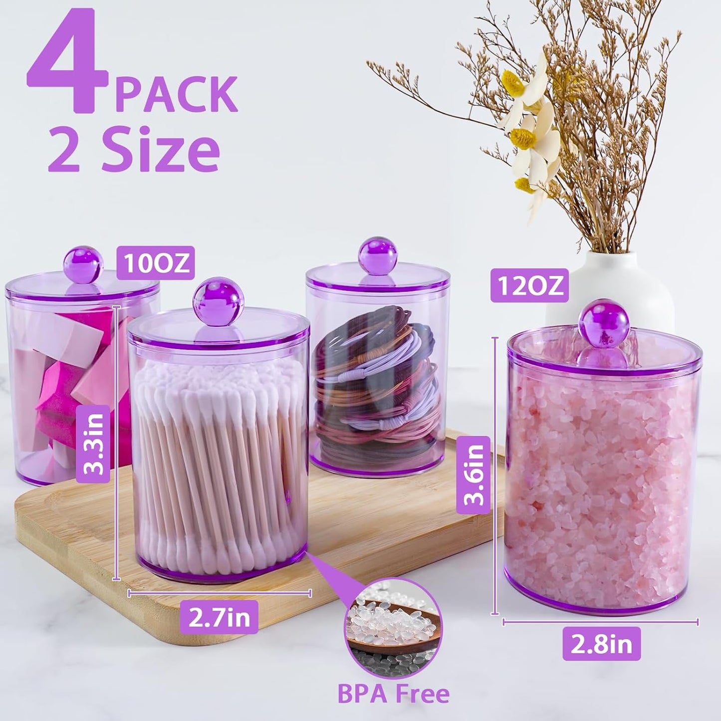 4 Pack Qtip Holder,Canister Apothecary Jar Set, Bathroom Jars with Lids Set for Cotton Swabs, Balls, Pads, Floss Picks,10oz-12oz Plastic Canisters Restroom Bedroom Vanity Organizer(Purple)