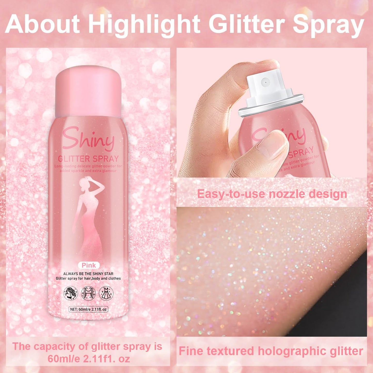 Hair and Body Glitter Spray, Holographic Glitter Highlighter Powder, Hairspray for Clothes, Face Body Shiny Glitter, Loose Shimmer Hairspray Festival Rave Prom Accessories, 2.11 Fl Oz (Pink)