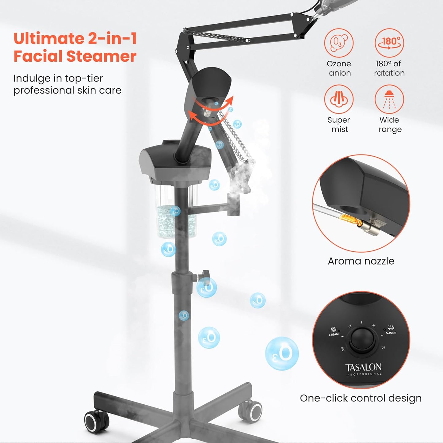TASALON Professional 2-in-1 Facial Steamer, Ozone Face Steamer with 5X Magnifying Lamp Deep Cleaning Pore,Hot Mist Face Steamer Salon Spa Beauty Skin Care Equipment, Aroma Therapy Nozzle Included