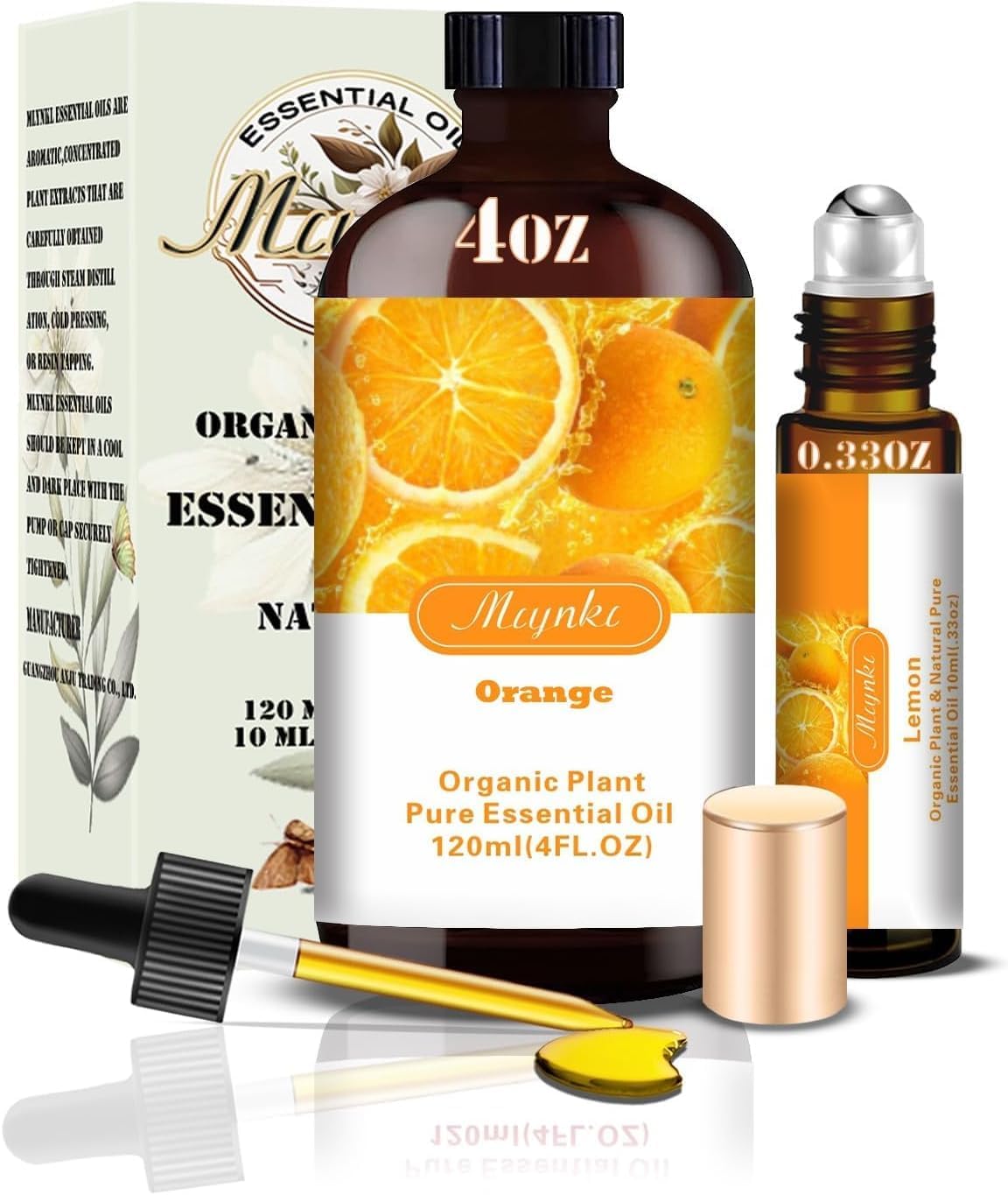 Orange Essential Oil,Roll-on Orange Oil Set (4 Fl Oz x1 + 0.33 Fl Oz x1) - 100% Natural, Diffuser, Massage, Yoga, DIY Soap and Candle Making, Fragrance Oils, Spa Care