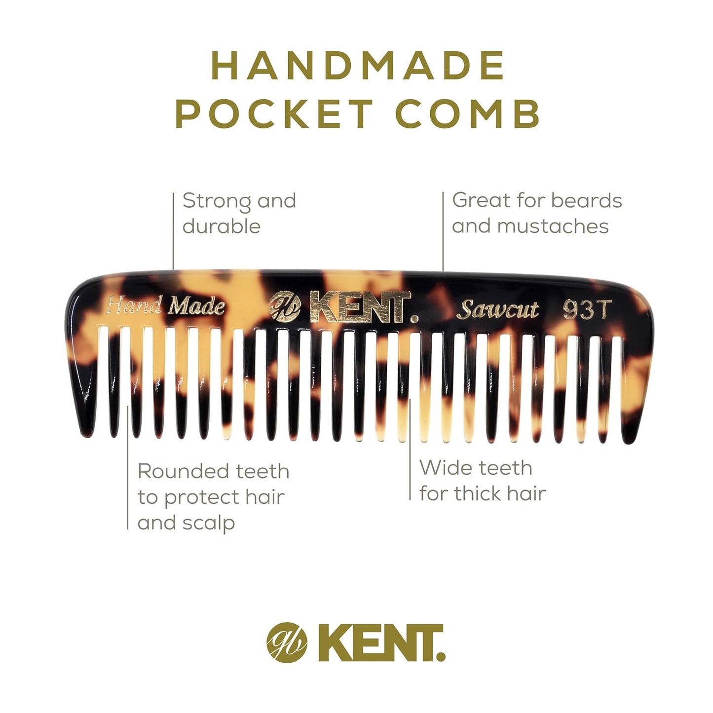 Kent 93T Tokyo Yellow Wide Tooth Small Comb for Men's Mustache and Beard Grooming, Pocket Sized Detangler Travel Comb, Saw-Cut and Polished, Handmade in England