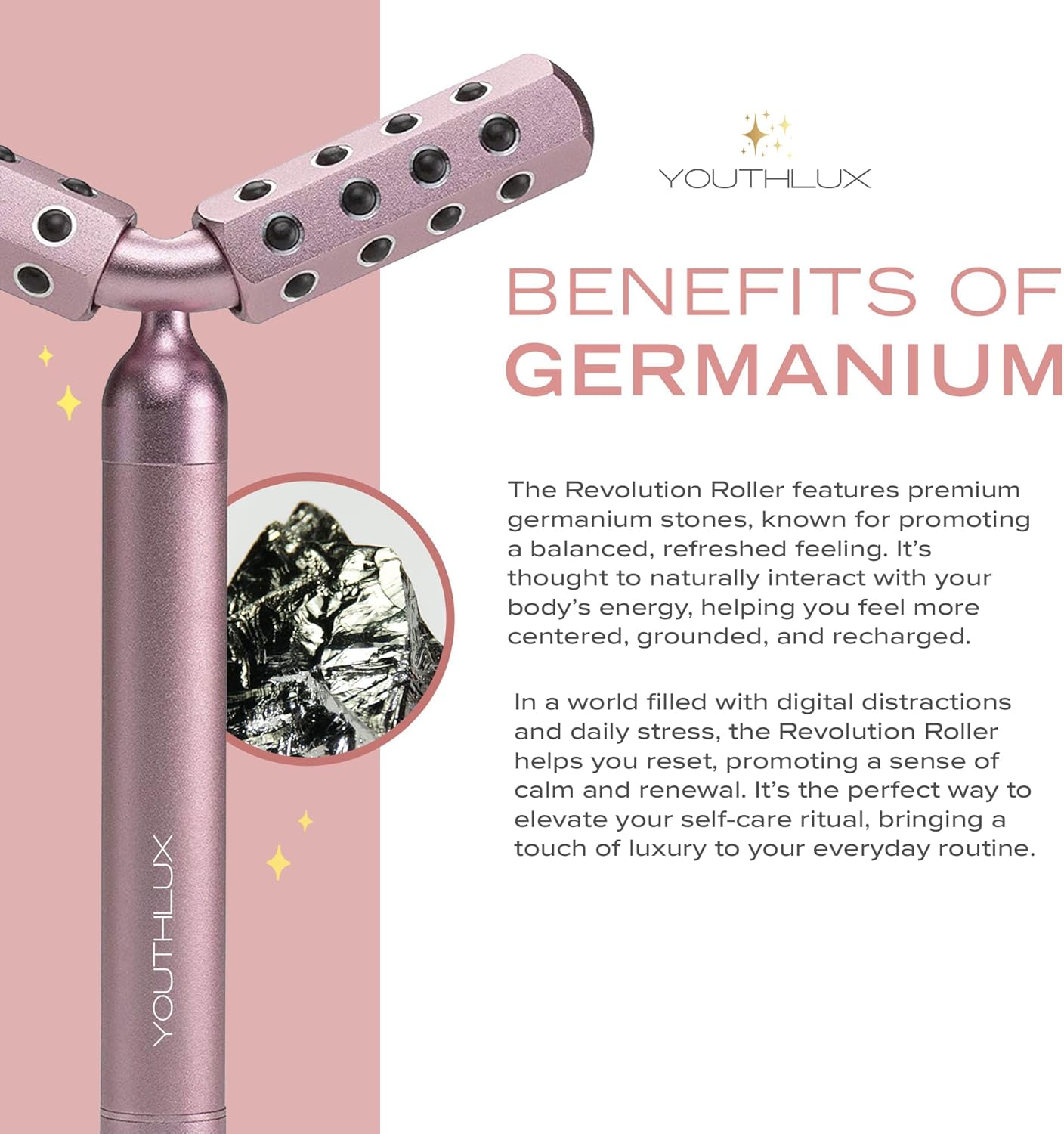 Revolution Roller - Germanium Stone Uplifting Face/Body Beauty Massage Tool/Roller/Wand for Skin Tightening/Firming, De-Puffing, Anti-Aging (Rose Gold)