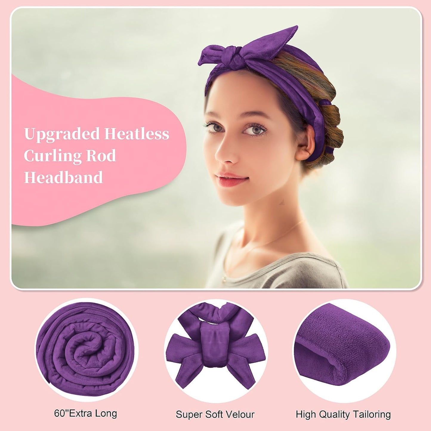 Heatless Curling Rod Headband, Upgraded 60' Extra Long Soft Velvet Hair Curlers to Sleep In, No Heat Curls for Most Hair Types, Includes Directions (Purple, 1 Count)
