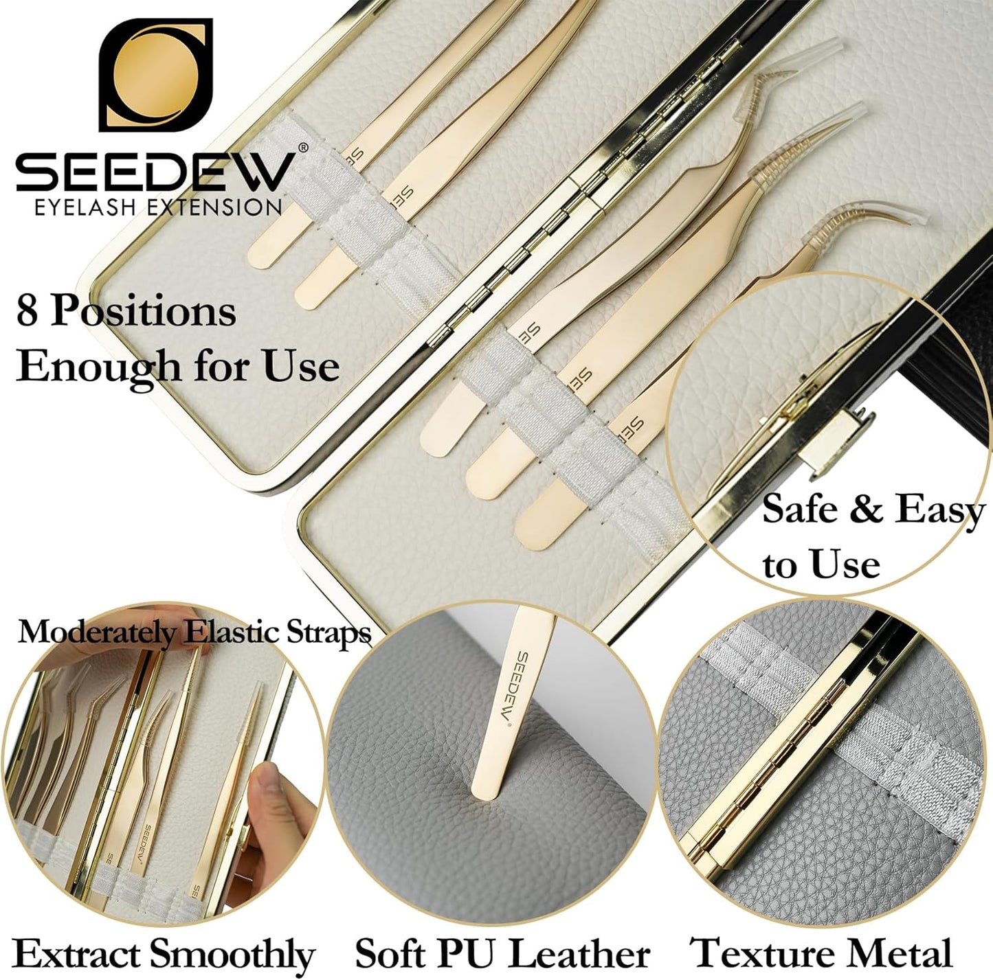 Tweezers Box Set, 5 PCS Isolation Pointy Precision Professional Stainless Tweezers with a PU Storage Case, Organizer Kit for Eyelash Extension, Beginner Lash Tech, Crafts Repair(White, Golden)