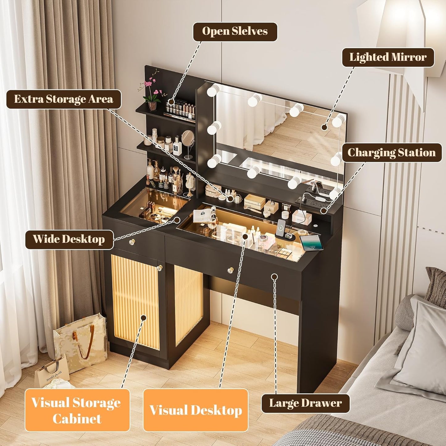 40" Vanity Desk with Large Mirror and Lights, Modern Glass Top Makeup Vanity Set with Power Outlet, Drawers and Cabinet, 3 Lighting Color Adjustable Dressing Table for Bedroom, Black