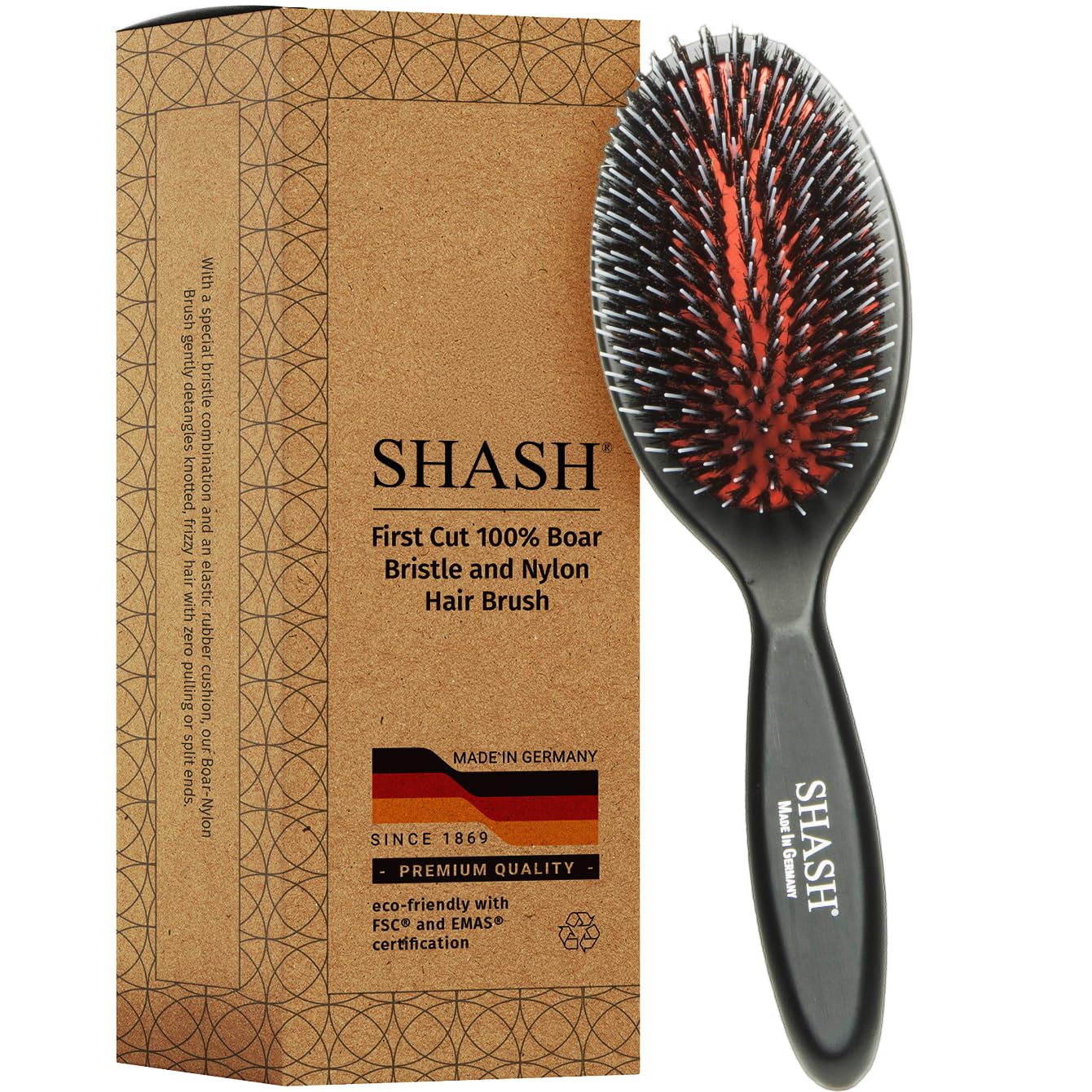 SHASH Since 1869 Hand Made In Germany - Nylon, 100% First Cut Boar Bristle Brush Suitable For Normal to Thick Hair - Gently Detangles, No Pulling or Split Ends - Softens Improves Texture, (Medium)