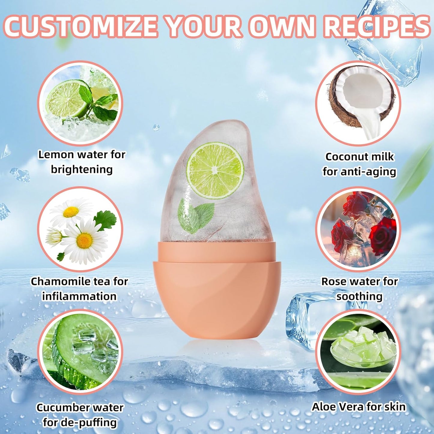 Silicone Facial Ice Cube Roller Massager, Facial Beauty Care Tool, Reusable Face Ice Mold - Brighten Skin, Reduce Puffiness for Face & Eyes (Cyan)