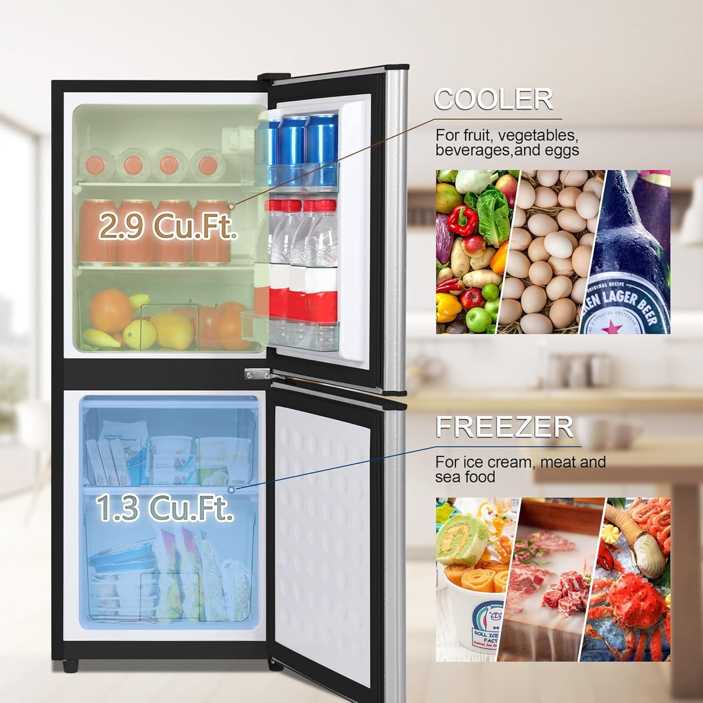 Small Fridge with Freezer 4.2 Cu.Ft., Mini Fridge and Freezer for Dorm with Adjustable Thermostat, Apartmet Size Fridge with Freezer Compact Fridge for Kitchen, Dorm, Office, Silver