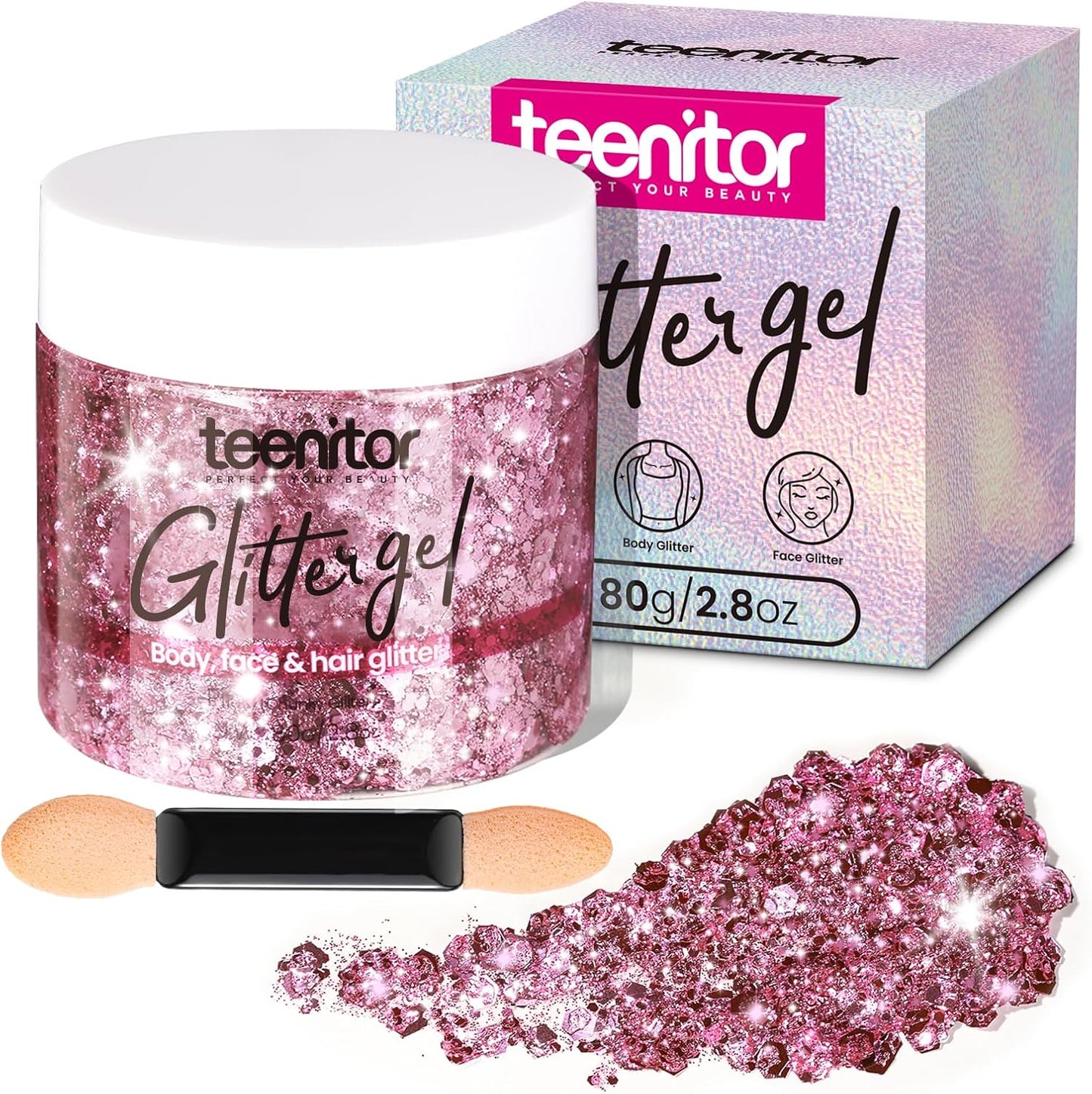 Teenitor Pink Body Glitter, Chunky Face Glitter, Hair Glitter Gel, 80g/2.8oz Pink Festival Cheer Holographic Glitter for Makeup Face Body Hair