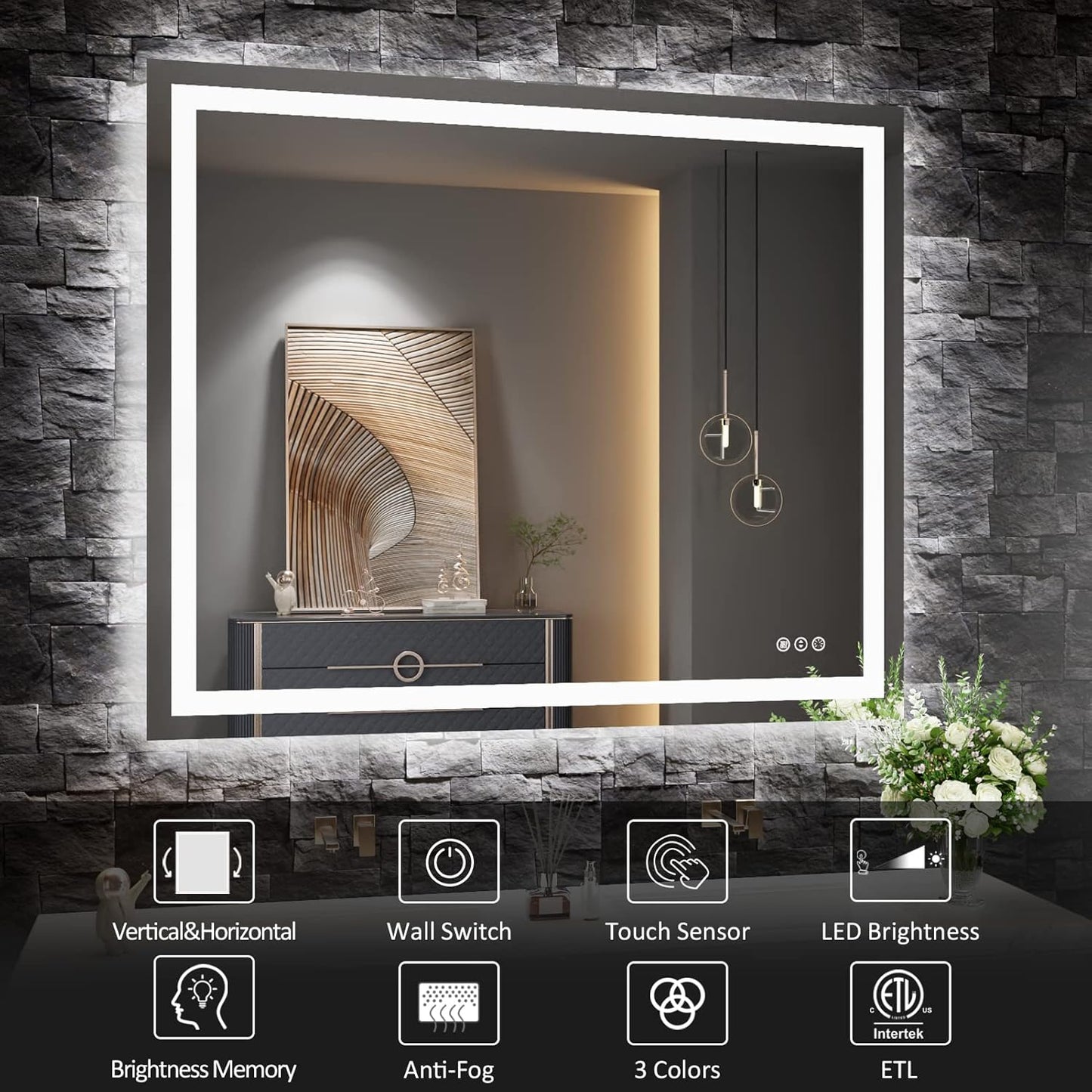 Amorho LED Bathroom Mirror 48''X40'' with Front and Backlit, Stepless Dimmable Wall Mirrors with Anti-Fog, Shatter-Proof, Memory, 3 Colors, Double LED Vanity Mirror, ETL Listed