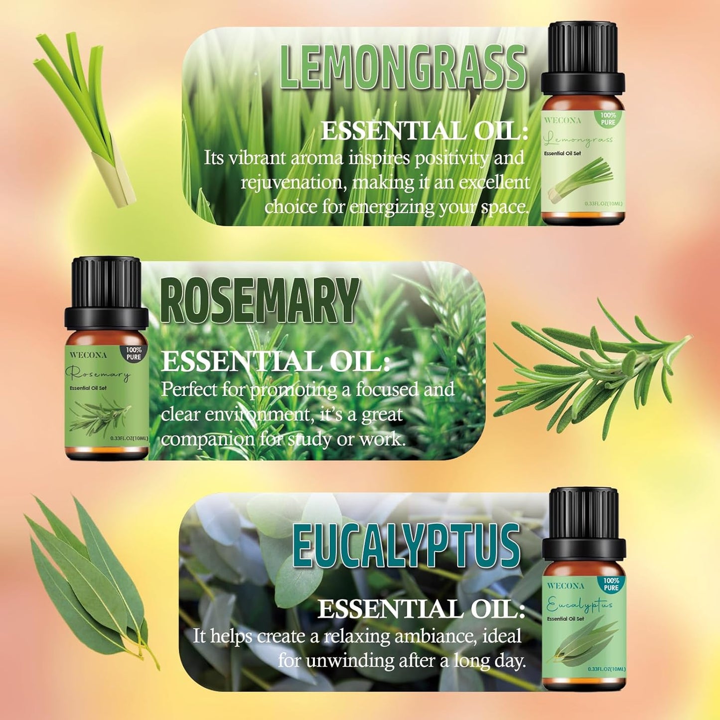 Pure Essential Oil Set - Top 6 Aromatherapy Oils Set, Essential Oils for Diffusers for Home - Peppermint, Lavender, Eucalyptus, Lemongrass, Rosemary, Lemon - 10ml x 6