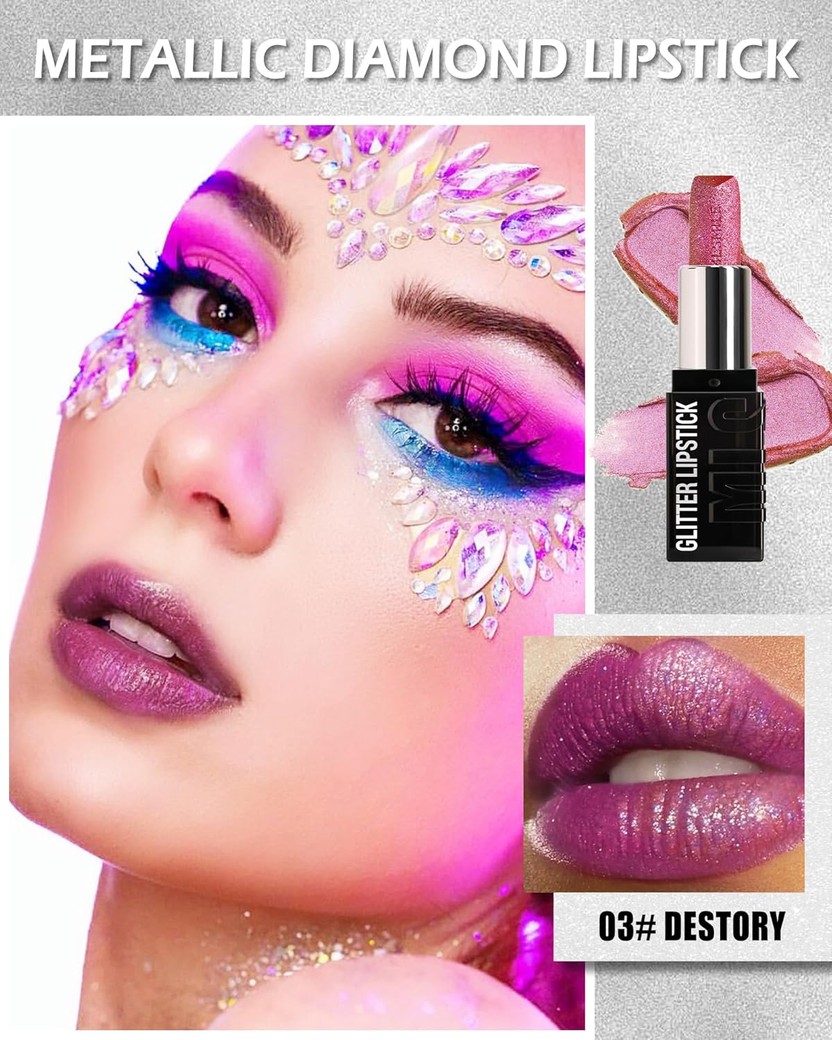 Diamond Glitter Matte Lipstick, Long Lasting Waterproof Rose Pink Metallic Sparkling High Pigment Non-Stick Lip Tint Lip Gloss,Full-coverage Lipgloss, Mother's Day Lip Makeup Gift for Women Girl-03