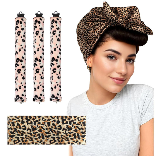 Heatless Curls Overnight Hair Curler - 3 Pcs Curling Rod to Sleep In, Velvet Hair Rollers with Satin Hair Scarf Girl's gift (Leopard Print)
