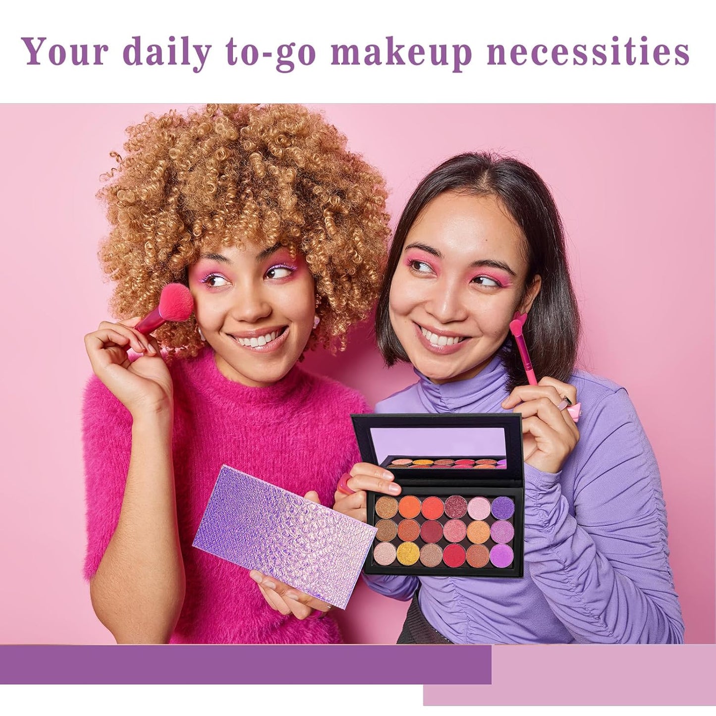 Lolalet 2 Pack Magnetic Makeup Palettes, Empty Magnetic Palette with Mirror for Eyeshadow Lip Color Blush Powder Highlighter Contour - Black&Pink